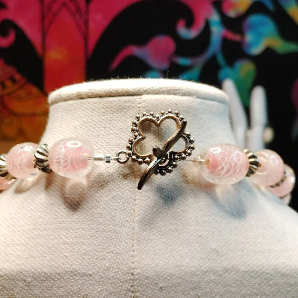 Artisan Made Vintage Pink Glass Bead Necklace Filigree Heart Dangle 19